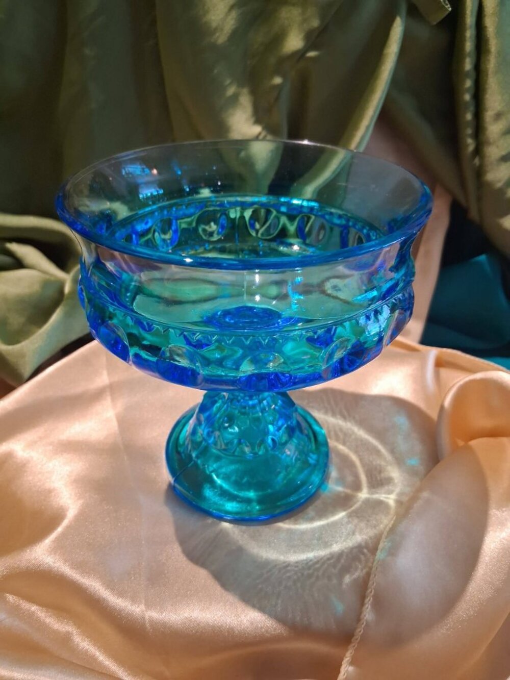 Vintage Indiana Glass Kings Crown Aqua Blue Pedestal Candy Dish Compote Bowl
